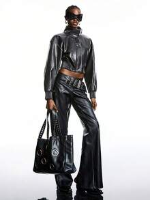 LYSMO Jaqueta de Couro PU de Manga Longa com Gola Alta e Zíper, Moda Cor Sólida para Mulheres