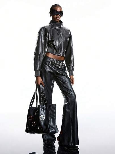 LYSMO Women's Solid Color High Collar Zipper PU Leather Fashion Long Sleeve Jacket,Vintage,Winter Clothes For Women,Washed Design,Casual Blouse For Women , New Year Clothes,Party Cropped  Black Leather Jacket Crop Top Jacket Leather Tops Cropped Leather Jacket