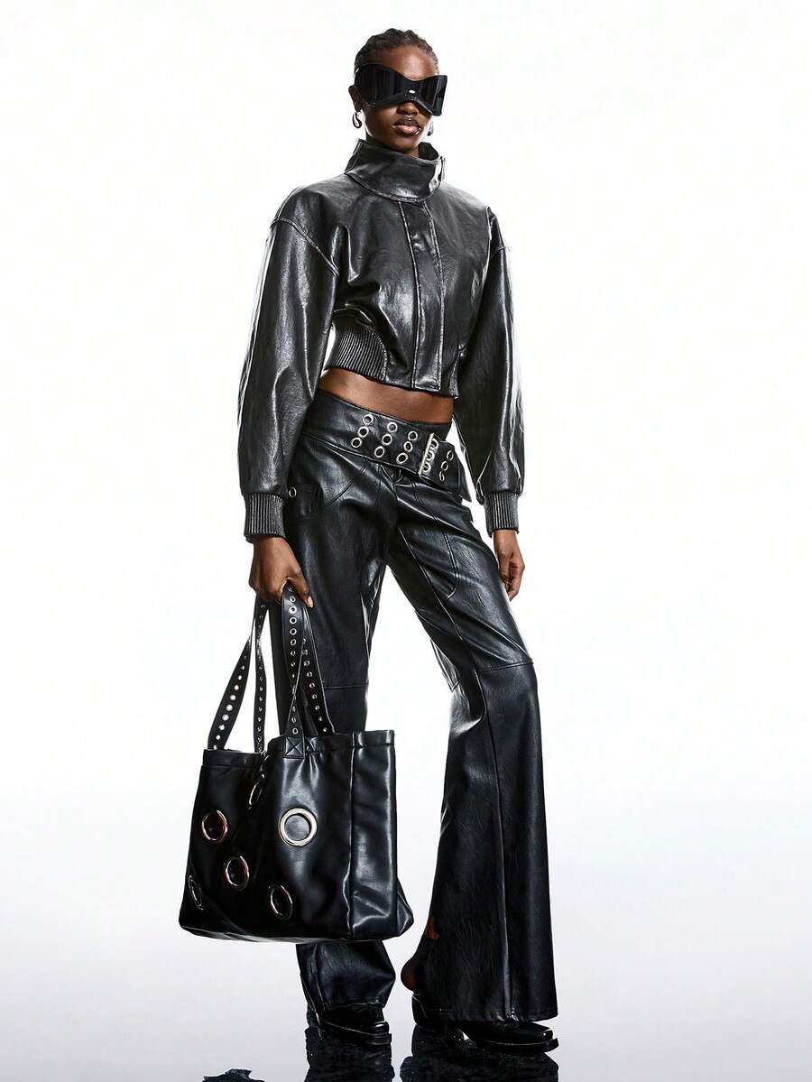 LYSMO Jaqueta de Couro PU de Manga Longa com Gola Alta e Zíper, Moda Cor Sólida para Mulheres