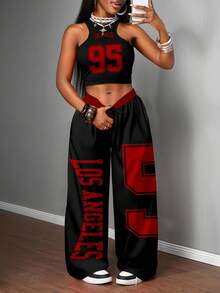 Slaydiva 两件套女士休闲街头风紧身吊带背心和宽松长裤套装，适合街头穿着 - 黑色 - 查看 5