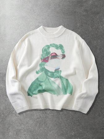 Street Life كنزة صوفية رجالية كاجوال بياقة طاقم وأكمام طويلة بطبعة صورة شخصية متعددة الاستخدامات