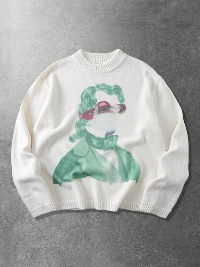 Street Life كنزة صوفية رجالية كاجوال بياقة طاقم وأكمام طويلة بطبعة صورة شخصية متعددة الاستخدامات