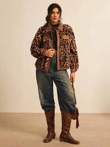 SHEIN VCAY 大码休闲豹纹仿毛皮外套，秋冬季豹纹外套，猎豹纹外套，保暖舒适蓬松休闲外套，适合外出穿着，秋季感恩节新年冬季皆宜