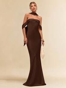 SHEIN BAE 女士性感简约纯色黄色缎面不对称垂褶领优雅美人鱼连衣裙，适合派对、晚宴、正式场合、伴娘、生日迷你裙、商务休闲等场合，露背缎面优雅超长连衣裙 - 咖啡棕 - 查看 5