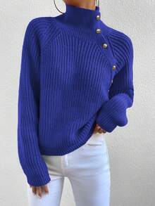 Elenzga Women's Casual Daily Button Decor Turtleneck Ribbed Knit Sweater, Autumn/Winter - Blue - View 4
