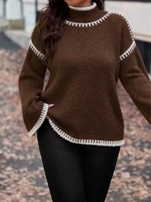 Vionelle Plus Size Women Knitted Elegant Fashionable Color Block Ribbed Hem Loose Pullover Sweater, Casual & Versatile Brown Sweater Coffee Brown Top Long Sleeve Top Sweater For Women Chocolate Brown Top - Coffee Brown - View 6