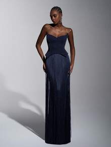 Elitara Elegant Luxury Sexy Knit Glitter Off-Shoulder Cat Collar Waist Tassel Decor Bodycon Dress, Suitable For Formal Occasions Like Galas, Exhibitions, Business Events, And Evening Parties - Navy Blue - View 3