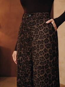 Anewsta Petite New Fashionable Leopard Print Stretch Straight-Leg Pants For Petite Women - Coffee Brown - View 2