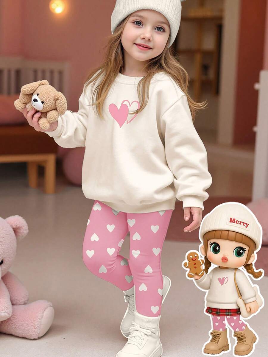 Set de 2 piezas de sudadera de cuello redondo de manga larga y leggings casuales para niña, adecuado para otoño/invierno, color rosa - Multicolor - Ver 1