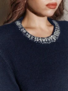 Anewsta 优雅女士冬季毛衣，时尚水钻装饰领口，灰色甜美青春，百搭闪亮派对装，大码针织上衣 - 藍色 - 查看 1