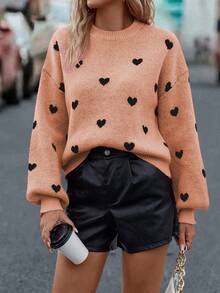 SHEIN LUNE Áo len cổ tròn họa tiết trái tim thường ngày cho nữ, mùa thu/đông - trái cam - Xem 5