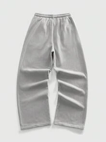 ROMWE MEN Casual 男士休闲字母刺绣直筒运动裤，秋冬款 - 淺灰色 - 查看 2