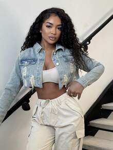 Alexandranx Women's Casual Ripped Front Button Up Long Sleeve Denim Jacket - Light Wash - View 4