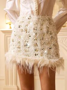 Revavyn 优雅串珠流苏拼接迷你裙，性感派对装扮，女士 - 杏色 - 查看 5