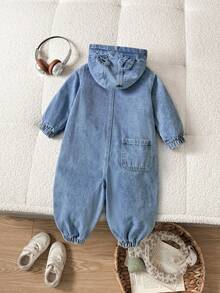 SHEIN Baby/Toddler Boys' Blue Casual Autumn Soft Cute Bear Embroidery Zip Up Hooded Denim Jumpsuit Overalls,Winter Dailywear Outfits,Christmas New Year Jean - Medium Wash - View 2