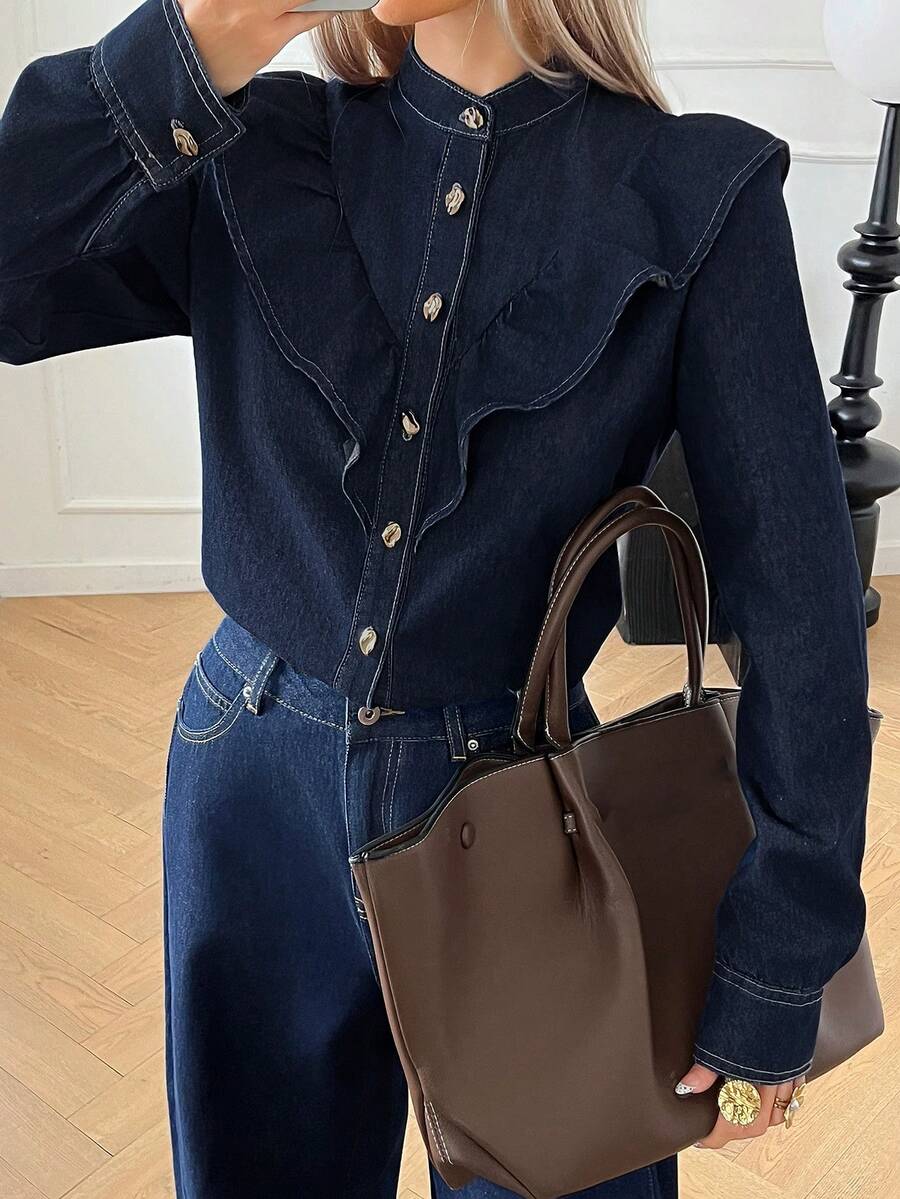 Livesso Women's Casual Denim Top With Ruffle Hem, Autumn/Winter Long Sleeve