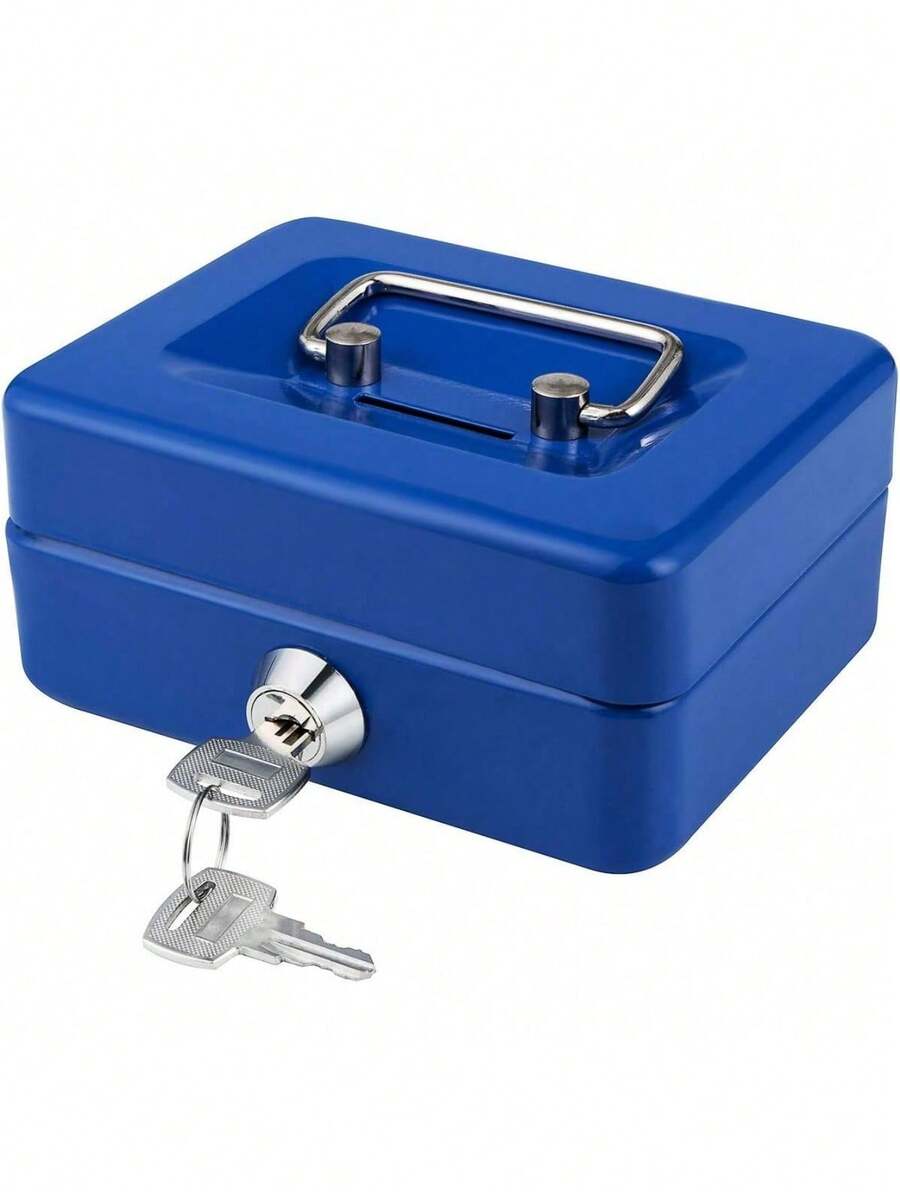 1pc Locking Medium Steel Cash Box With Money Tray,Lock Box(Key Color Random) - Blue - View 1