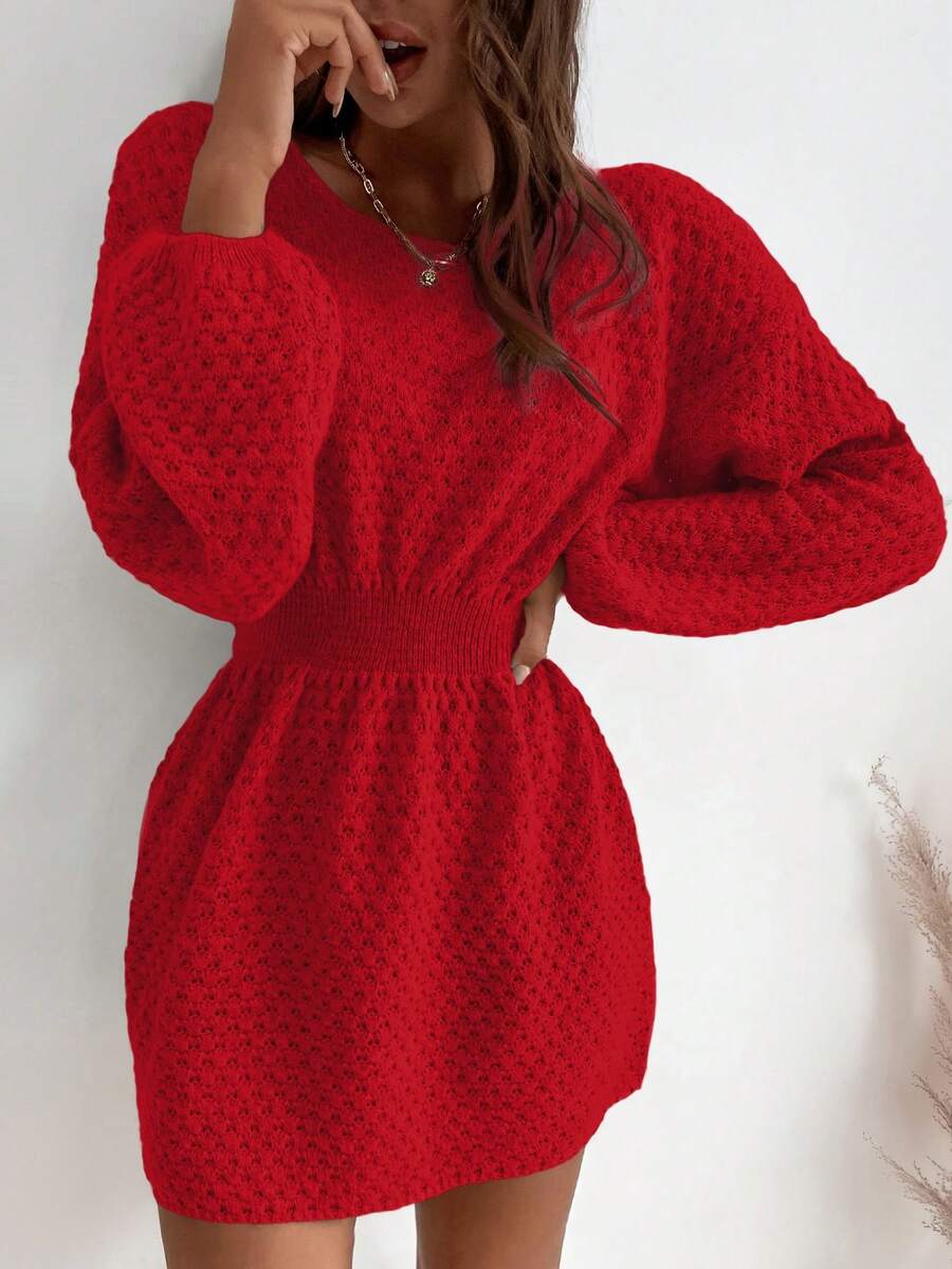 EMERY ROSE Casual Solid Color Waist Cinched Knit Dress, Autumn/Winter - Red - View 1