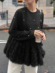 FRIFUL 女士黑色圆领长袖水钻拼接纹理绒面宽松休闲百搭T恤，秋冬款 - 黑色 - 查看 1