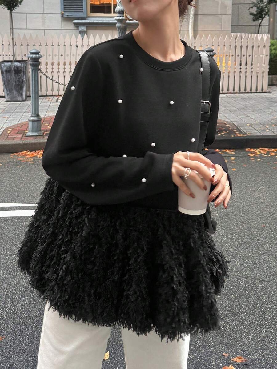 FRIFUL 女士黑色圆领长袖水钻拼接纹理绒面宽松休闲百搭T恤,秋冬款 - 黑色 - 查看 1