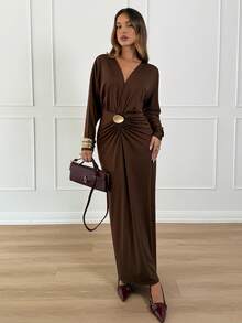 Siren Gaze 女士优雅派对纯色蝙蝠袖收腰长裙 - 棕色 - 查看 3