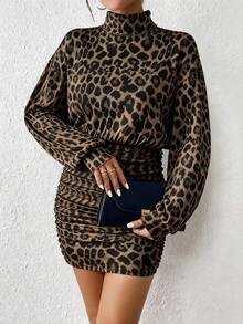 SHEIN Frenchy 女士豹纹高领褶皱休闲长袖迷你连衣裙 - 棕色 - 查看 5