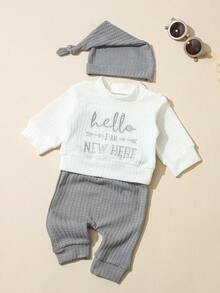 SHEIN HELLO Embroidered Newborn Photography Outfit, Baby Boy/Girl Top, Pants, Hat 3pcs Set, Infant 1 Month To 100 Days Studio Photo Prop Clothing