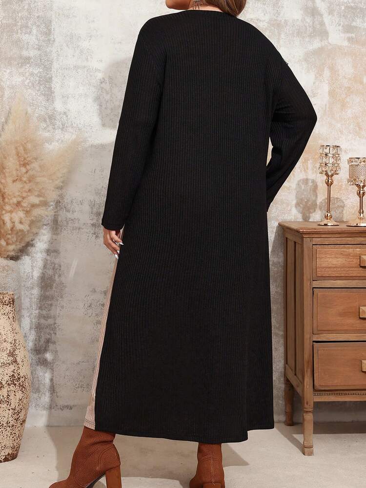 Plus Size Round Neck Long Sleeve Colorblock Loose Elegant Casual Dress Fall Women Dresses