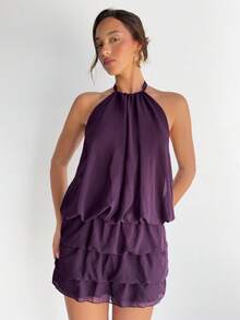 Aloruh 音乐节性感露背吊带多层弹力迷你连衣裙，女士款，李子紫色 - 中紫紅色 - 查看 6