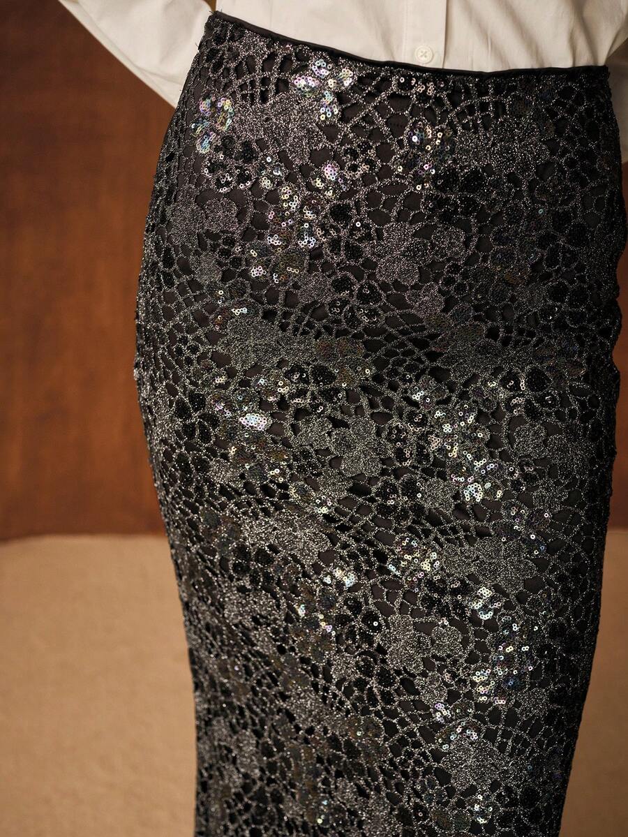 MOTF PREMIUM WOMEN'S GLITTER LACE FITTED ELEGANT SKIRT - Multicolor - View 2