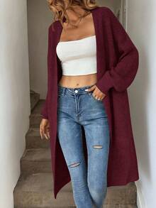 SHEIN Tall CURVE 大码落肩罗纹针织长款开衫，长袖上衣，女士大码长款开衫，修身款，秋冬季必备 - 酒紅色 - 查看 9