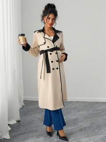 Momance معطف أنيق للحوامل بأكمام طويلة وحزام مزدوج الصدر بألوان متباينة