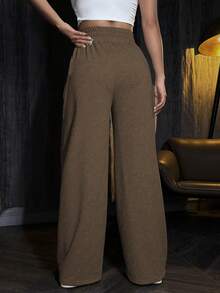 SHEIN Unity Women's Espresso Brown Casual Loose Fit Sweatpants,Drawstring Waist Solid Color Winter Lounge Pants,Fall Back To School Outfits,Teacher Graduation - Mocha Brown - View 2