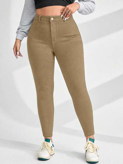 SHEIN CURVE+ Plus Size Women Cowgirl Elastic Casual Minimalist Skinny 7/8 Jeans