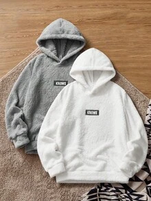 SWAVVY 2pcs Men's Fleece Fashionable Plush Hooded Sweatshirt Set, Autumn/Winter, Long Sleeve Top - Multicolor - View 10