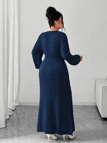 Elenzga Plus Size Elegant Delicate Hollow V-Neck Sweater Dress - Royal Blue - View 2