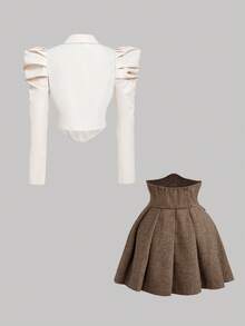SHEIN MOD Bộ trang phục công sở thanh lịch dành cho nữ gồm 2 món: Áo cánh tay bồng ôm sát và váy xòe họa tiết răng sói, Xuân/Thu - Nhiều màu - Xem 2