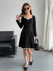 SHEIN Tween Girl Black Waist Cinched Dress With Cute Contrast Ruffle, Fashionable Versatile Casual & Elegant - Black - View 3