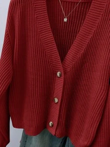 SHEIN Teen Girls' Solid V-Neck Cropped Casual Loose Drop Shoulder Long Sleeve Cardigan Sweater, Autumn - Red - View 5