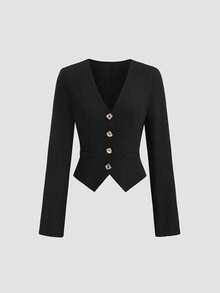 Sweetra 女士优雅通勤舒适黑色两件套V领金属纽扣长袖外套及百褶裙套装，秋冬款 - 黑色 - 查看 3