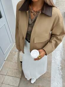 DAZY Áo khoác da PU cổ vá màu tương phản thường ngày cho nữ, mùa thu - Màu Khaki - Xem 4