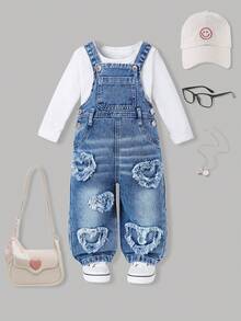 SHEIN Playful Pals 女童/幼儿心形图案休闲牛仔连体裤 - 淺色水洗藍 - 查看 5