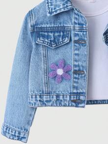 SHEIN ChillGRL 两件套女童牛仔套装 - 花卉刺绣牛仔外套 + 阔腿牛仔裤，时尚休闲套装，适合年轻女孩，是理想的礼物和户外服装。