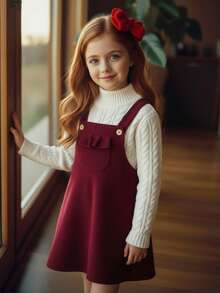 Emery Rose Kids 少女圣诞可爱酒红色灯芯绒背带裙 - 紅色 - 查看 2