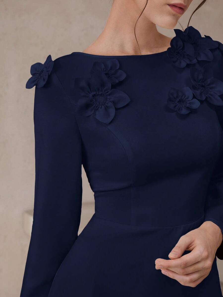 Modelyn Robe longue élégante de couleur unie avec fleurs 3D, automne