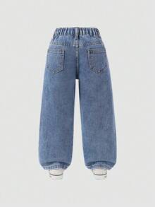 SHEIN ChillGRL Pantalones acampanados de niñas jóvenes con lavado desgastado, bordado de copos de nieve y estilo de moda - Azul - Ver 2