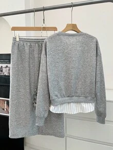 SHEIN LUNE 大码两件套：休闲长袖上衣和宽松半身裙 - 灰色 - 查看 2