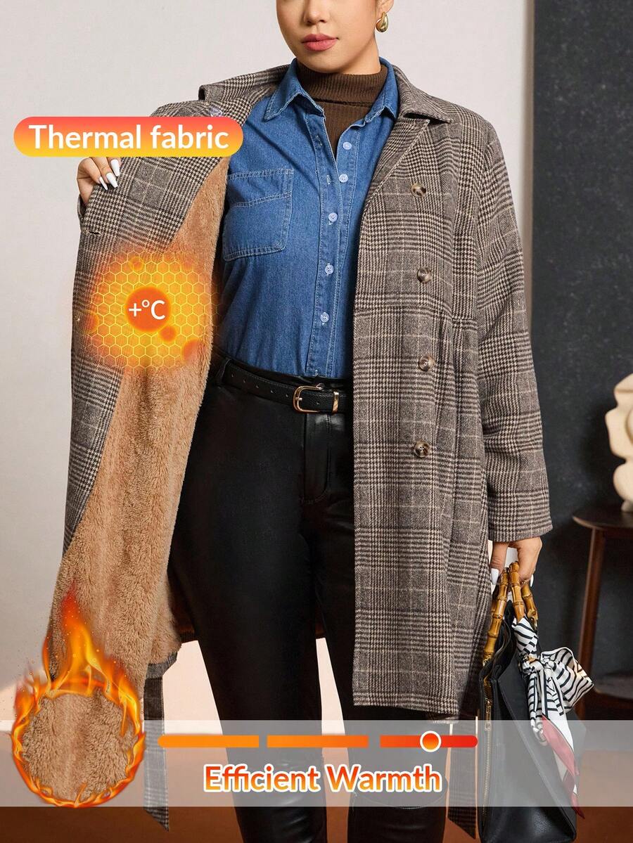Zelara Plus Size Women Houndstooth Print Long Sleeve Double-Breasted Belted Elegant Coat, Autumn Winter Long Casual Winter Coat Casual Fleece Coat, Comfortable And Warm From The Cold, Comfortable And Warm From The Cold, 2025 New - Brown - View 1