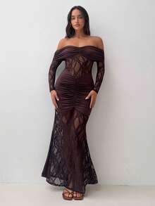 Aloruh Brown Retro Sexy High-End Elegant Party Banquet Off-Shoulder Ruched Mesh Patchwork Long Sleeve Extra Long Women's Dress, Suitable For Winter, Valentine's Day, New Year - Brown - View 4