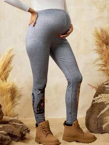 Boho Mama 可调节腰围卡通猫印花休闲打底裤，波西米亚风孕妇紧身裤，灰色保暖内衬打底裤，女士孕妇打底裤。 - 灰色 - 查看 8